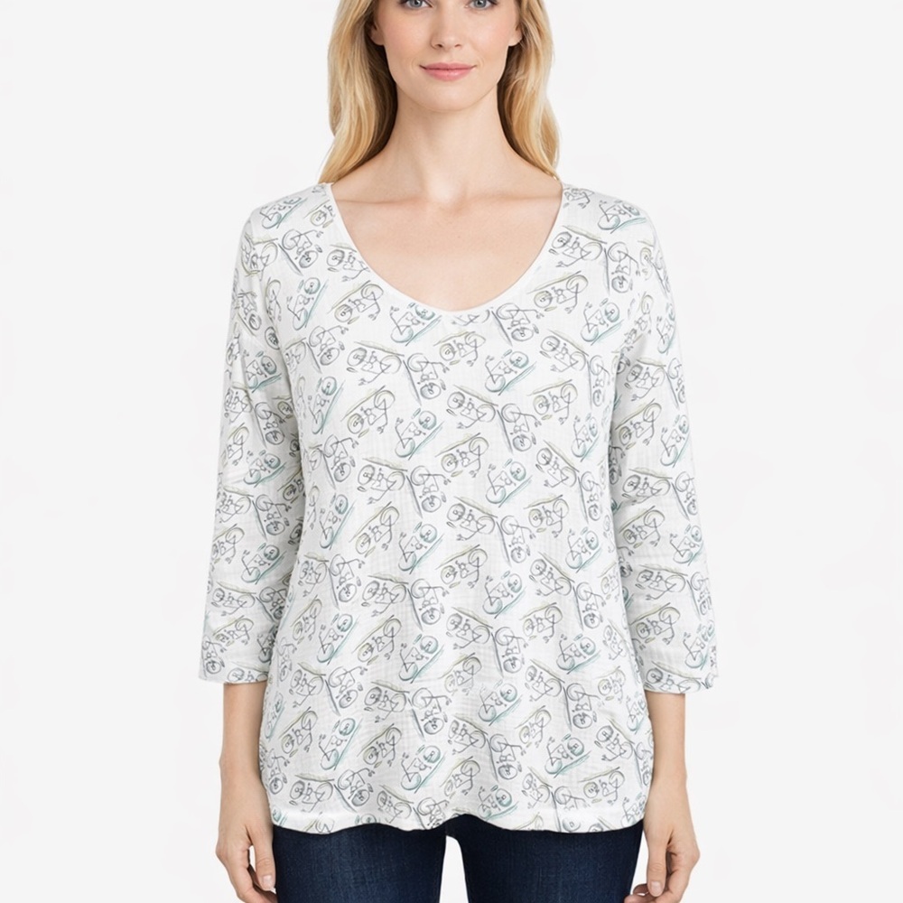 CMC Color Me Cotton Top Bicycle Print Muslin Gauze Soft Boxy Lagenlook Size XXL